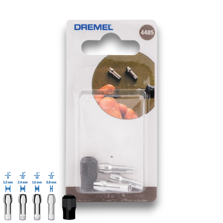 Dremel 4485 Collet Nut Kit with 4 collets (0.8mm, 1.6mm, 2.4mm, 3.2mm) for rotary tool.