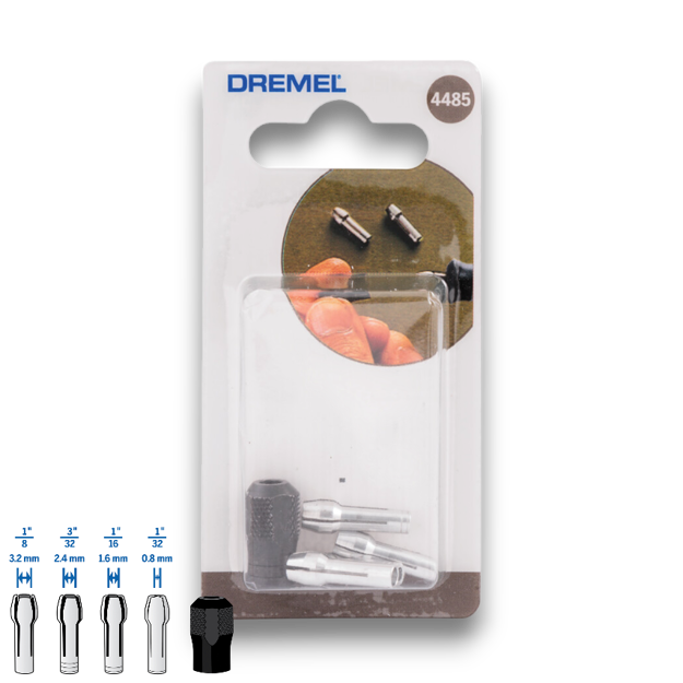Dremel 4485 Collet Nut Kit with 4 collets (0.8mm, 1.6mm, 2.4mm, 3.2mm) for rotary tool.