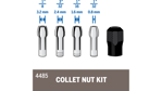 Dremel 4485 Collet Nut Kit with 4 collets (0.8mm, 1.6mm, 2.4mm, 3.2mm) for rotary tool.