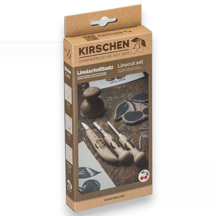 Kirschen 3450000 3-piece lino cutting set with pear-shaped wooden handles and sharpened steel blades.