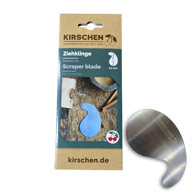 Kirschen 3802000 Gooseneck cabinet scraper showing the polished German spring steel