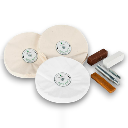 Chestnut Buffing Wheel Kit including three fabric buffing mops, Tripoli, White Diamond, and Carnauba wax bars.
