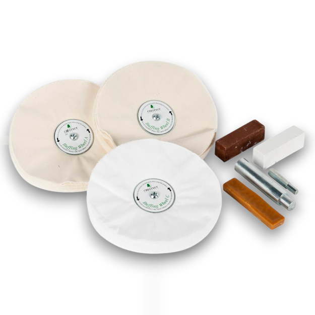Chestnut Buffing Wheel Kit including three fabric buffing mops, Tripoli, White Diamond, and Carnauba wax bars.