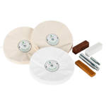 Chestnut Buffing Wheel Kit including three fabric buffing mops, Tripoli, White Diamond, and Carnauba wax bars.
