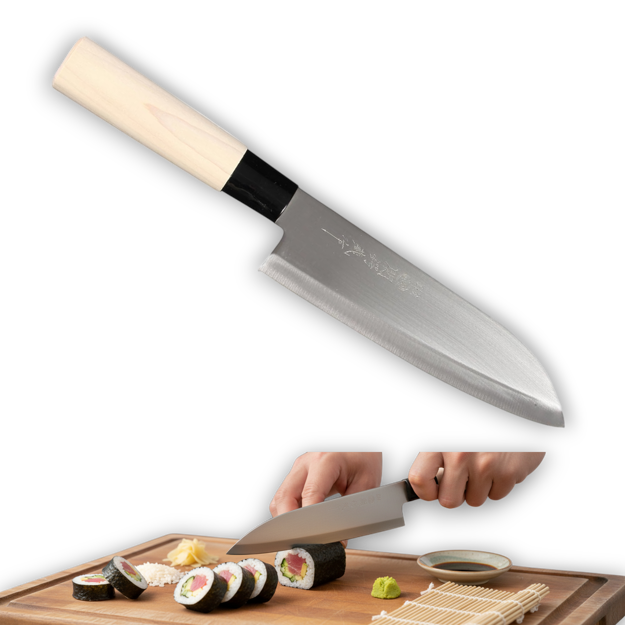 Traditional 165mm Japanese Santoku knife with a hammered Tsuchime finish and an ergonomic wooden Wa-handle