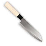 Traditional 165mm Japanese Santoku knife with a hammered Tsuchime finish and an ergonomic wooden Wa-handle