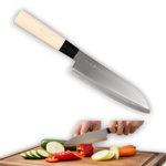 Traditional 165mm Japanese Santoku knife with a hammered Tsuchime finish and an ergonomic wooden Wa-handle