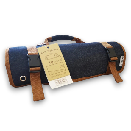 Star-M No. 7000 navy blue canvas drill roll bag with 19 pockets laid flat