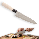 Traditional 180mm Japanese Gyoto knife with a hammered Tsuchime finish and an ergonomic wooden Wa-handle