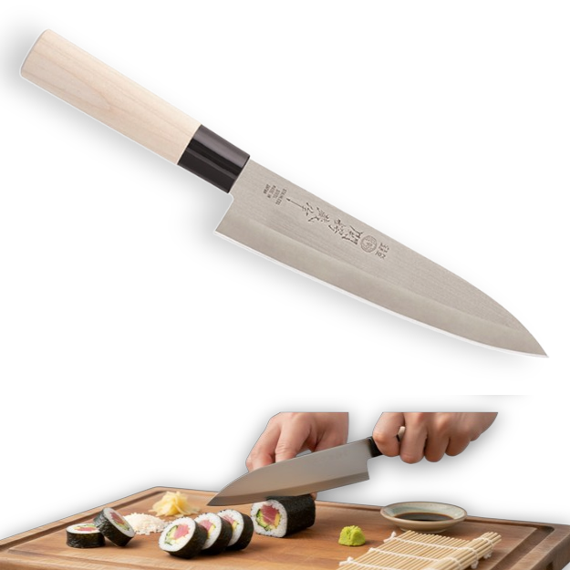 Traditional 180mm Japanese Gyoto knife with a hammered Tsuchime finish and an ergonomic wooden Wa-handle
