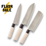 Three-piece Tsubazo knife set including Gyuto, Nakiri, and Santoku styles.