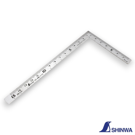 Shinwa 12103 Stainless Steel Carpenter's Square 150x75mm showing deep-etched metric graduations on polished finish.