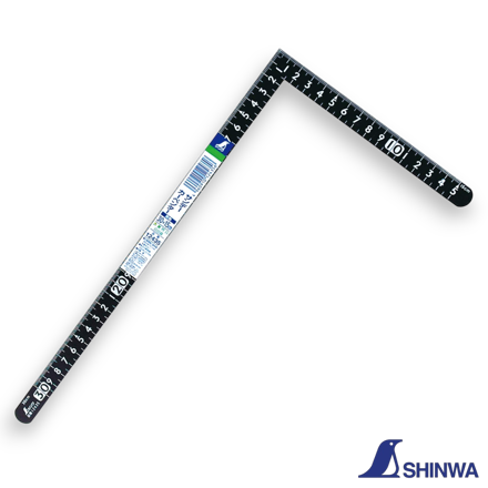 Shinwa 12435 black carpenter square with white metric markings on a 30cm branch.