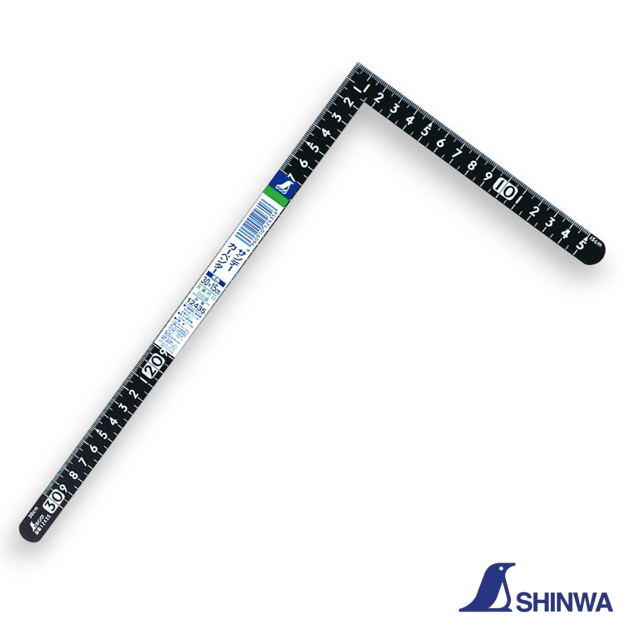 Shinwa 12435 black carpenter square with white metric markings on a 30cm branch.
