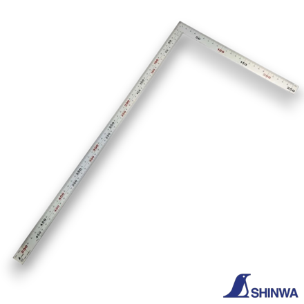 Shinwa 10405 thick and wide stainless steel carpenter's square with metric scales and red markings.