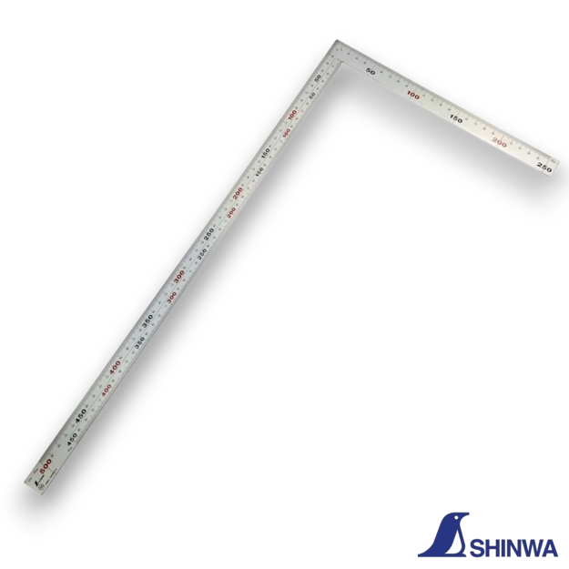 Shinwa 10405 thick and wide stainless steel carpenter's square with metric scales and red markings.