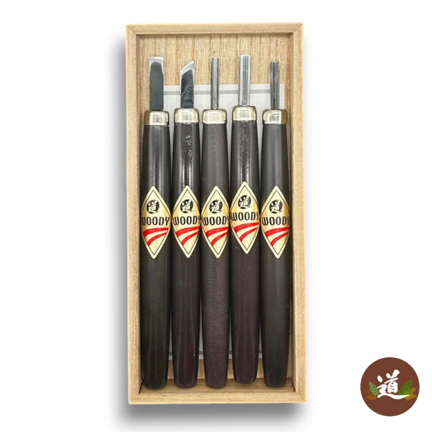 Michihamono 5 piece Woody Japanese wood carving tool kit with precision chisels for detailed carving and woodworking