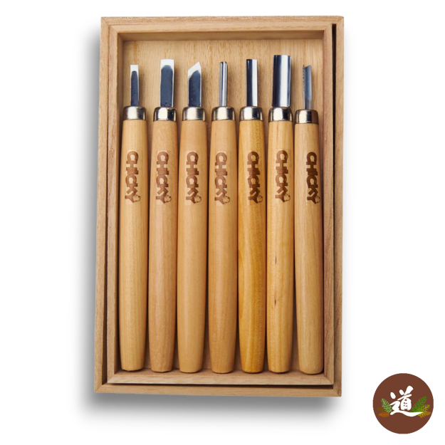 Michihamono 7 piece Chicky Japanese wood carving tool kit with precision chisels for detailed woodworking and whittling