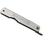 Close-up of the traditional friction folder mechanism on a silver Higonokami Zenkou knife.