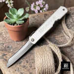 Higonokami Medium Zenkou folding knife in silver finish, shown open to reveal the blade and lever.