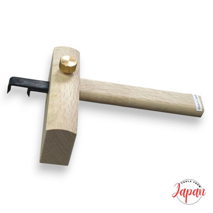 Nigiri Japanese mortise gauge made of solid white oak with dual adjustable cutting blades.