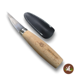 Michi Hamono MT-500 small whittling knife with a short pointed steel blade and natural wood handle.