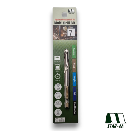 Star-M 601 7mm Japanese precision drill bit with hex shank designed for clean drilling in wood, bamboo, PVC, acrylic and rubber.