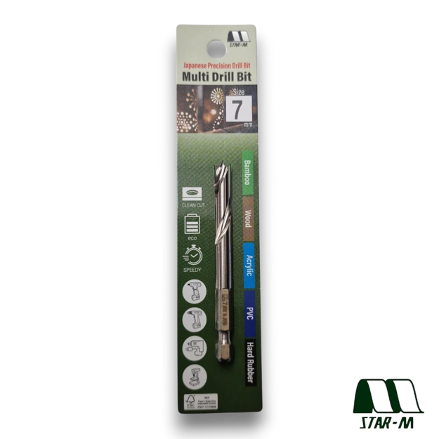 Star-M 601 7mm Japanese precision drill bit with hex shank designed for clean drilling in wood, bamboo, PVC, acrylic and rubber.