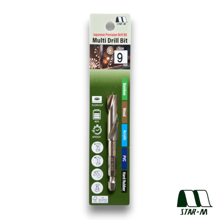 Star-M 601 9mm Japanese precision drill bit with hex shank designed for clean drilling in wood, bamboo, PVC, acrylic and rubber.