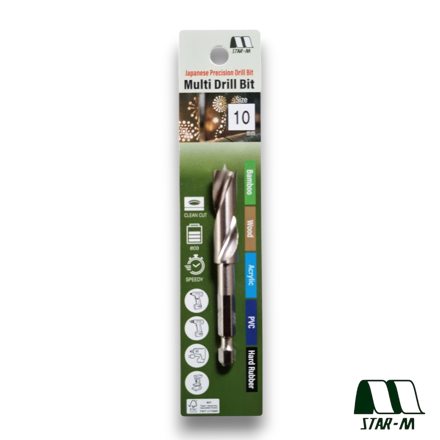 Star-M 601 10mm Japanese precision drill bit with hex shank designed for clean drilling in wood, bamboo, PVC, acrylic and rubber.