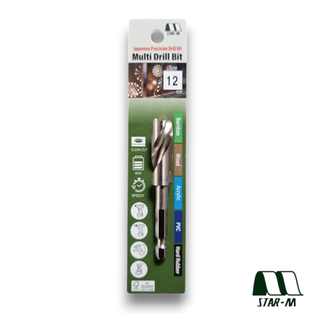 Star-M 601 12mm Japanese precision drill bit with hex shank designed for clean drilling in wood, bamboo, PVC, acrylic and rubber.