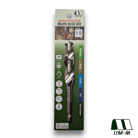Star-M 601 15mm Japanese precision drill bit with hex shank designed for clean drilling in wood, bamboo, PVC, acrylic and rubber.