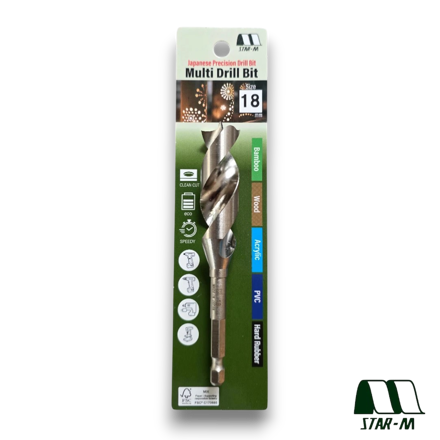 Star-M 601 18mm Japanese precision drill bit with hex shank designed for clean drilling in wood, bamboo, PVC, acrylic and rubber.