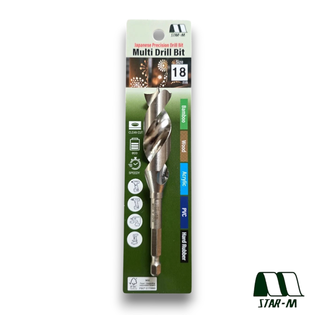 Star-M 601 18mm Japanese precision drill bit with hex shank designed for clean drilling in wood, bamboo, PVC, acrylic and rubber.