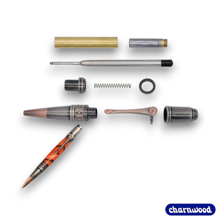 Charnwood ST1 Spiritual Twist Pen assembled with turned wood barrel showing antique rose copper and gun metal finish details