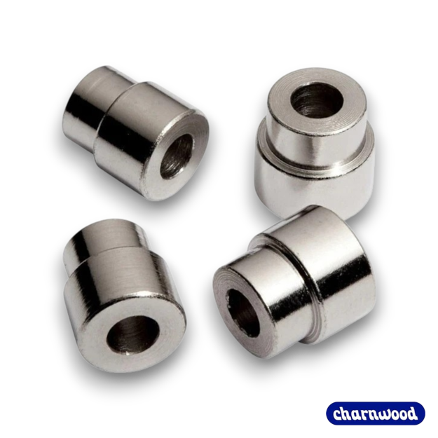 Charnwood LDBUSH Loong Dragon twist pen bush set showing four silver steel turning bushings isolated on white background