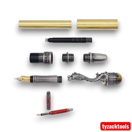 Charnwood LD4 Loong Dragon fountain pen turning kit components including brass tubes, converter, and gun metal polished hardware