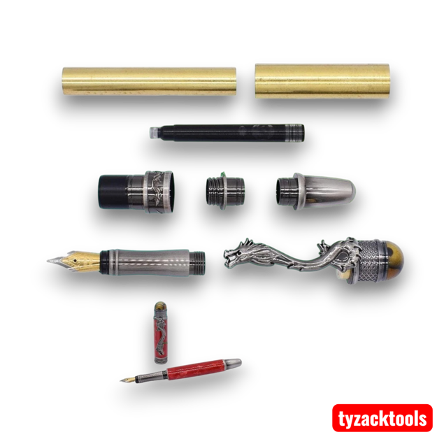 Charnwood LD4 Loong Dragon fountain pen turning kit components including brass tubes, converter, and gun metal polished hardware