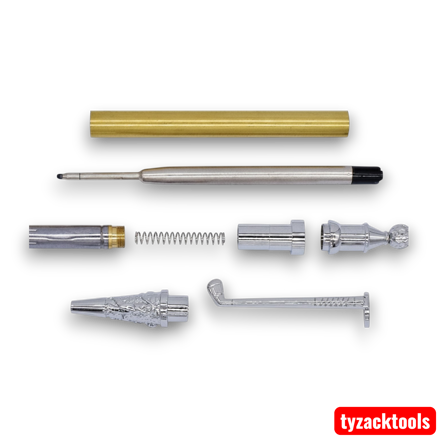 Chrome golf pen hardware kit ready for custom pen turning.