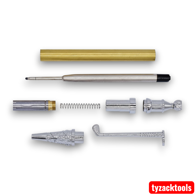 Chrome golf pen hardware kit ready for custom pen turning.