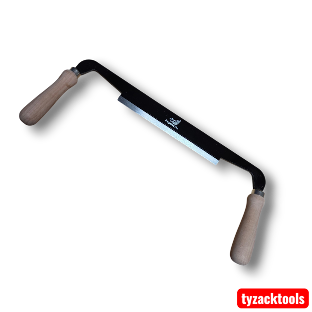 Pegasus Pro hand forged carbon steel drawknife with 200mm blade and ergonomic wooden handles for woodworking and timber shaping.