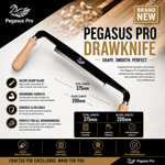 Pegasus Pro hand forged carbon steel drawknife with 200mm blade and ergonomic wooden handles for woodworking and timber shaping.