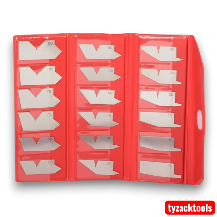 Professional Angle Gauge Set in protective wallet with precision hardened steel gauges covering angles from 5° to 90° for woodworking, engineering and machine setup.