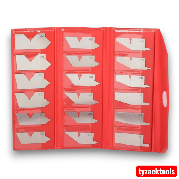 Professional Angle Gauge Set in protective wallet with precision hardened steel gauges covering angles from 5° to 90° for woodworking, engineering and machine setup.