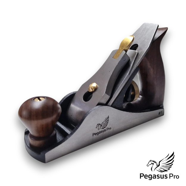 Small Pegasus Pro No.1 Smoothing Plane for fine detail work, showing the cast iron body and Sapele rear handle.