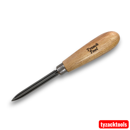 Triangular scraper with a hardened triple-edge steel blade and ergonomic hardwood handle for deburring, trimming, and scraping PVC, copper tubing, sheet metal, and drywall.