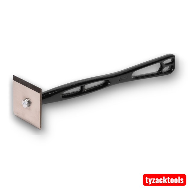 No.107 glue scraper with cast iron handle and replaceable high-carbon steel blade for removing dried glue, paint, and varnish from woodworking projects.