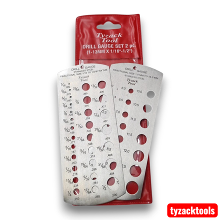 2-piece drill bit gauge set with Metric 1–13mm and Imperial 1/16"–1/2" drill size measuring plates for engineers, machinists and workshop use.