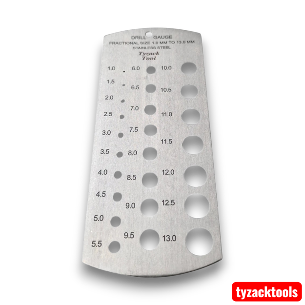 Metric drill bit gauge with 1–13mm size markings for accurately measuring and identifying drill bit diameters in engineering and workshop applications.