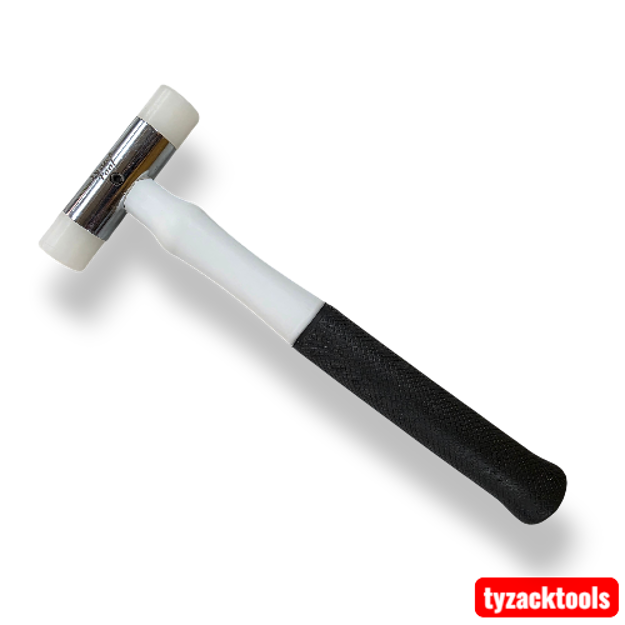 25mm dual-faced nylon hammer with white replaceable soft nylon heads, polished steel head, and black textured grip handle, ideal for non-marking engineering, woodworking, and assembly work.